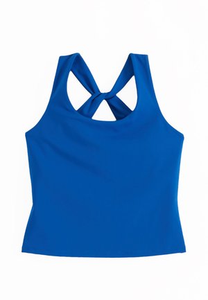 Sininen hihaton urheilupaita, jossa on ristikkäiset hihnat selkäpuolella, suunniteltu aktiiviseen käyttöön tai treenaamiseen.