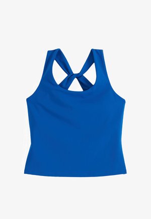 Sininen hihaton urheilupaita, jossa on ristikkäiset hihnat selkäpuolella, suunniteltu aktiiviseen käyttöön tai treenaamiseen.