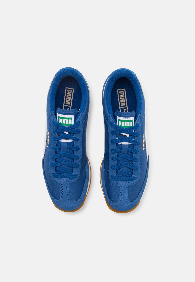 Zapatillas deportivas azules con parte superior texturizada, rayas laterales blancas contrastantes, cordones blancos y suela de goma. Logotipo en la lengüeta.
