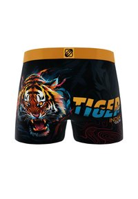 Caleçons boxers noirs avec une ceinture orange, présentant un visage de tigre rugissant, le mot "TIGRE" et "INDE" avec des coordonnées géographiques.