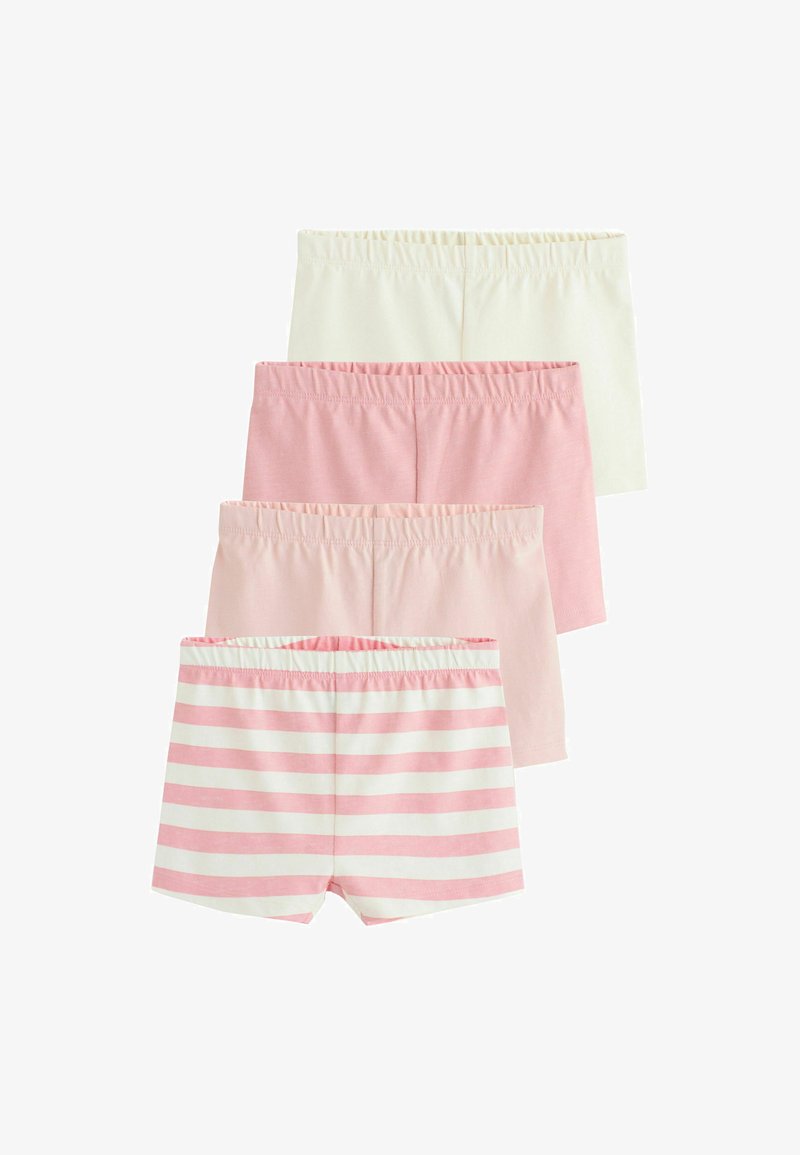 Quatre paires de shorts pour enfants avec taille élastique en blanc, rose, rose clair et rayures horizontales rose et blanc.