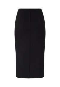 Gonna a matita nera con texture liscia, lunghezza al ginocchio, caratterizzata da uno spacco posteriore e tasche laterali discrete. Design classico su misura.