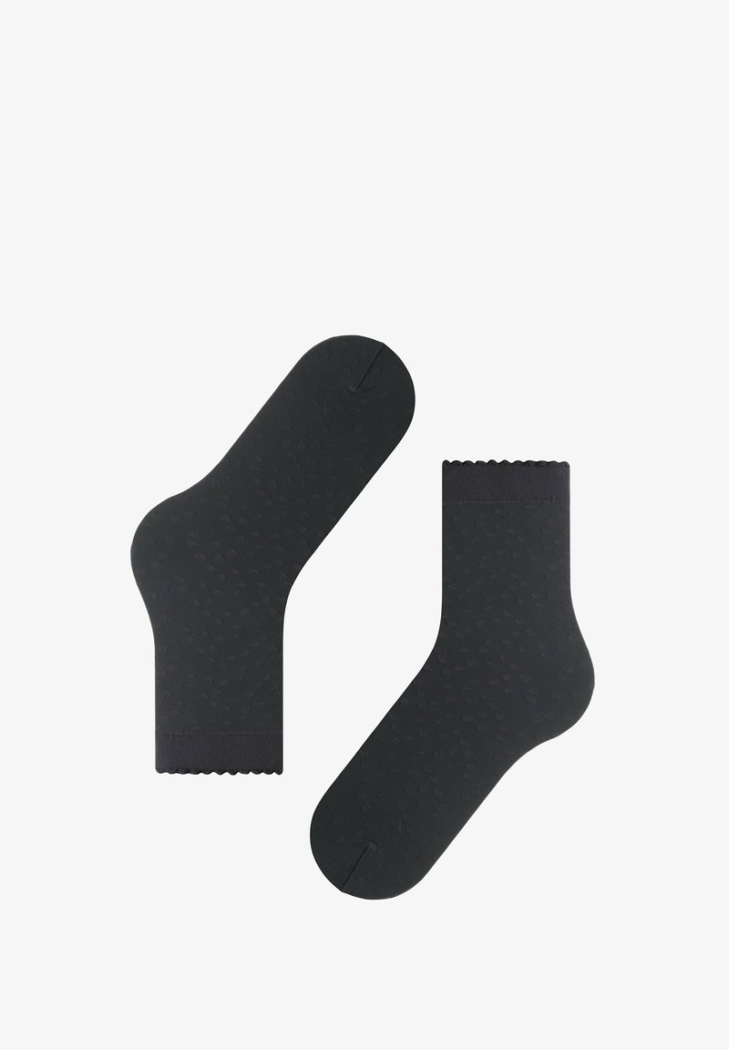 Schwarze Baumwollsocken mit einem subtilen Muster, gewelltem oberen Rand und einem klassischen Design. Das Material wirkt glatt und leicht.