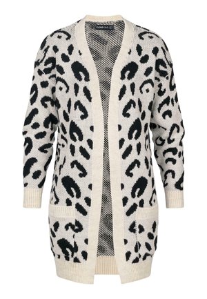 Leopardenmuster-Kardigan in Beige und Schwarz, mit offenem Vorderteil, langen Ärmeln, zwei Vordertaschen sowie gerippten Bündchen und Saum.