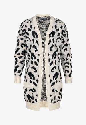 Beige un melnbalts leopardu raksta kardigans ar atvērtu priekšpusi, garām piedurknēm, divām priekšējām kabatām un ribota piedurkņu un apakšmalas apdari.