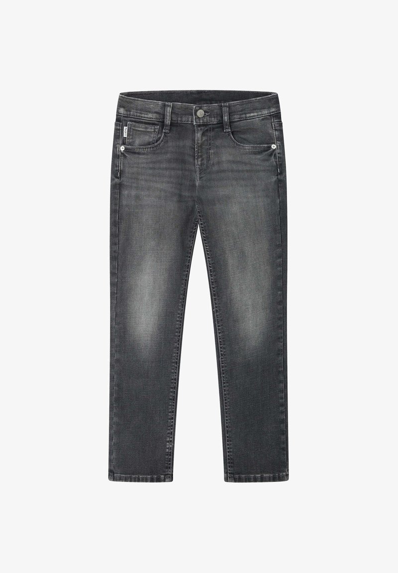 Halli denim teksad, mis on sirge lõikega, viie tasku disainiga, peenelt tuhmunud ja kontrastsete õmblustega ning nööp sulgemisega.