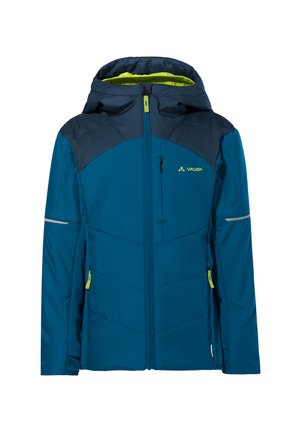 Blaue und dunkel marineblaue Kapuzenjacke mit Frontreißverschluss, zwei seitlichen Reißverschlusstaschen sowie limonengrünen Reißverschluss-Schiebern und Innenfutter.