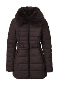 Giacca puffer marrone con colletto in pelliccia sintetica, vita aderente, texture a righe verticali e tasche laterali con zip.
