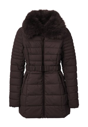 Giacca puffer marrone con colletto in pelliccia sintetica, vita aderente, texture a righe verticali e tasche laterali con zip.