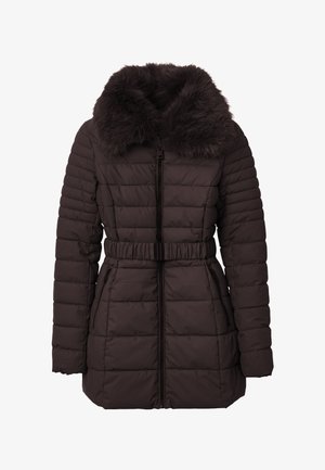 Giacca puffer marrone con colletto in pelliccia sintetica, vita aderente, texture a righe verticali e tasche laterali con zip.