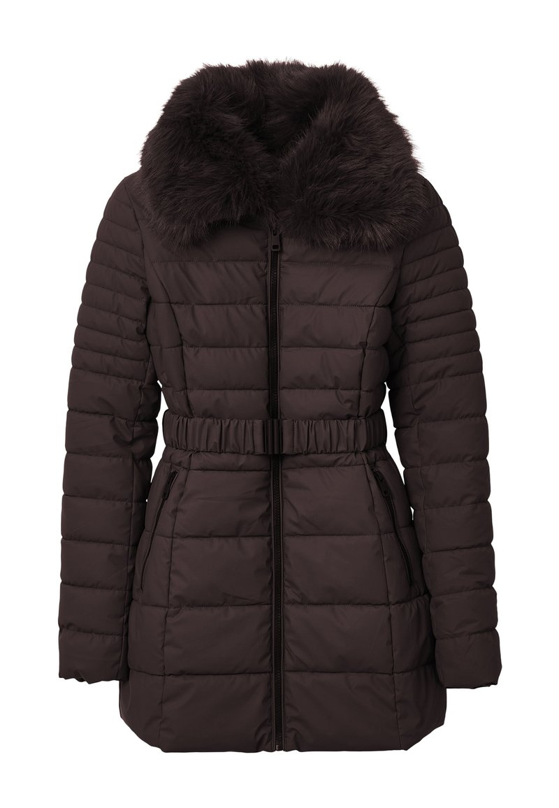 Giacca puffer marrone con colletto in pelliccia sintetica, vita aderente, texture a righe verticali e tasche laterali con zip.