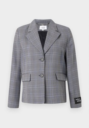 Pilkas ir mėlynas tartanas švarkas su įpjautu apykakle, dviem priekinėm kišenėm, dviem mygtukais ir ženkliuku ant rankovės. Tekstūruota medžiaga.