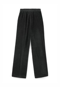 Pantalons en velours côtelé noirs à jambes larges avec une taille élastique, présentés à plat sur un fond blanc.