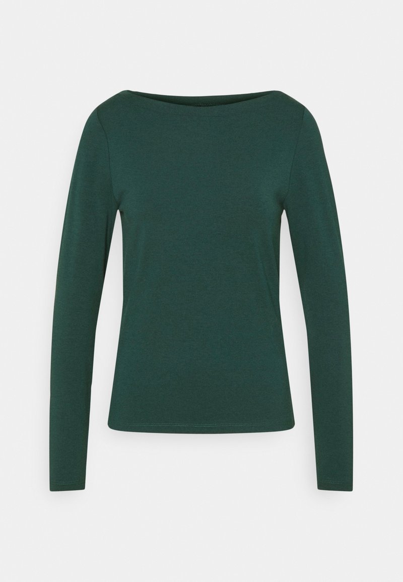 Långärmad, mörkgrön topp med vid halsringning mot en enkel vit bakgrund, vilket visar dess enkla och eleganta design.