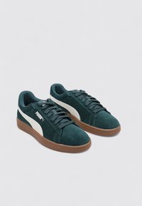 Sneakers in suede verde con strisce beige chiare, punta rotonda e suola in gomma marrone. Presentano un design con lacci e un logo sul lato.