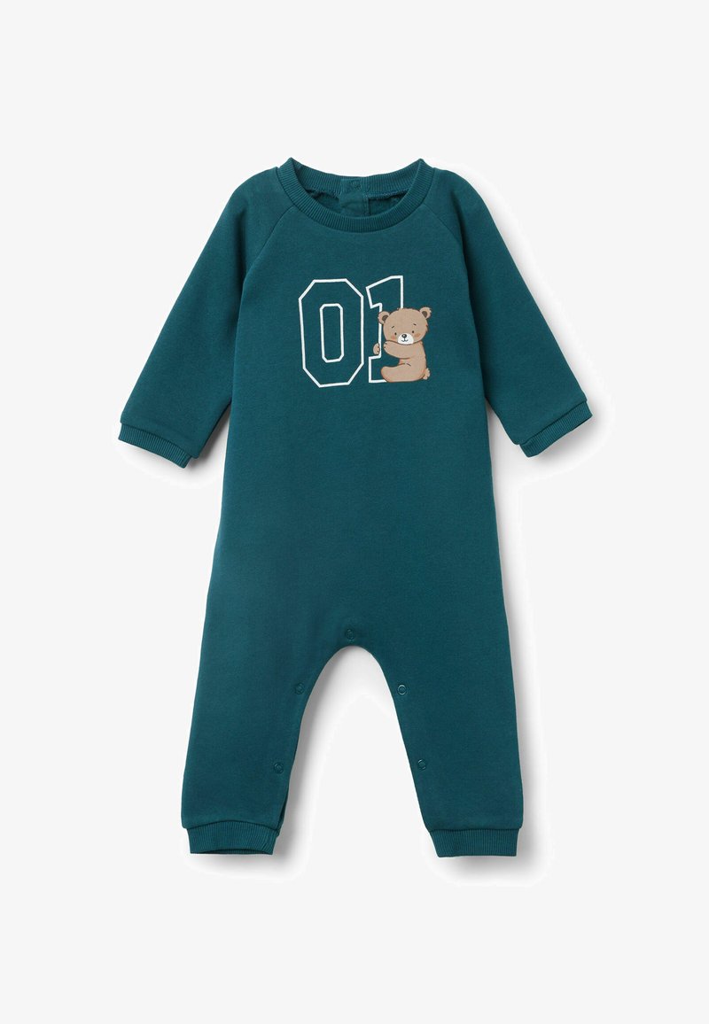 Tealfarbener Babystrampler mit langen Ärmeln und Druckknöpfen an den Beinen, mit weißem "01"-Druck und einem kleinen braunen Teddy, der die Eins umarmt.
