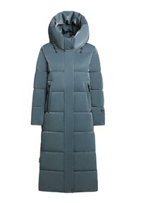 Lang, hættepufferjakke i en mat skiferblå farve. Har quilted design, lynlåslommer i siden og en høj krave for ekstra varme.