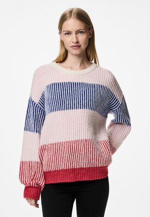 Striped sweater in pink, blue, and red. Features a loose fit, ribbed texture, and wide sleeves, with a solid light-colored neckline and hem.