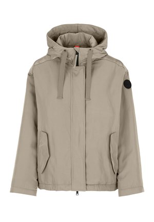 Beige Kapuzenjacke mit einem Frontreißverschluss, zwei seitlichen Taschen und einem schwarzen Akzentpatch am linken Ärmel. Glattes Material und entspannte Passform.