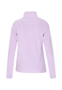 Maglione in pile di un leggero viola con colletto alto, maniche lunghe e texture liscia. Presenta un design semplice e privo di ornamenti, adatto per essere indossato a strati.