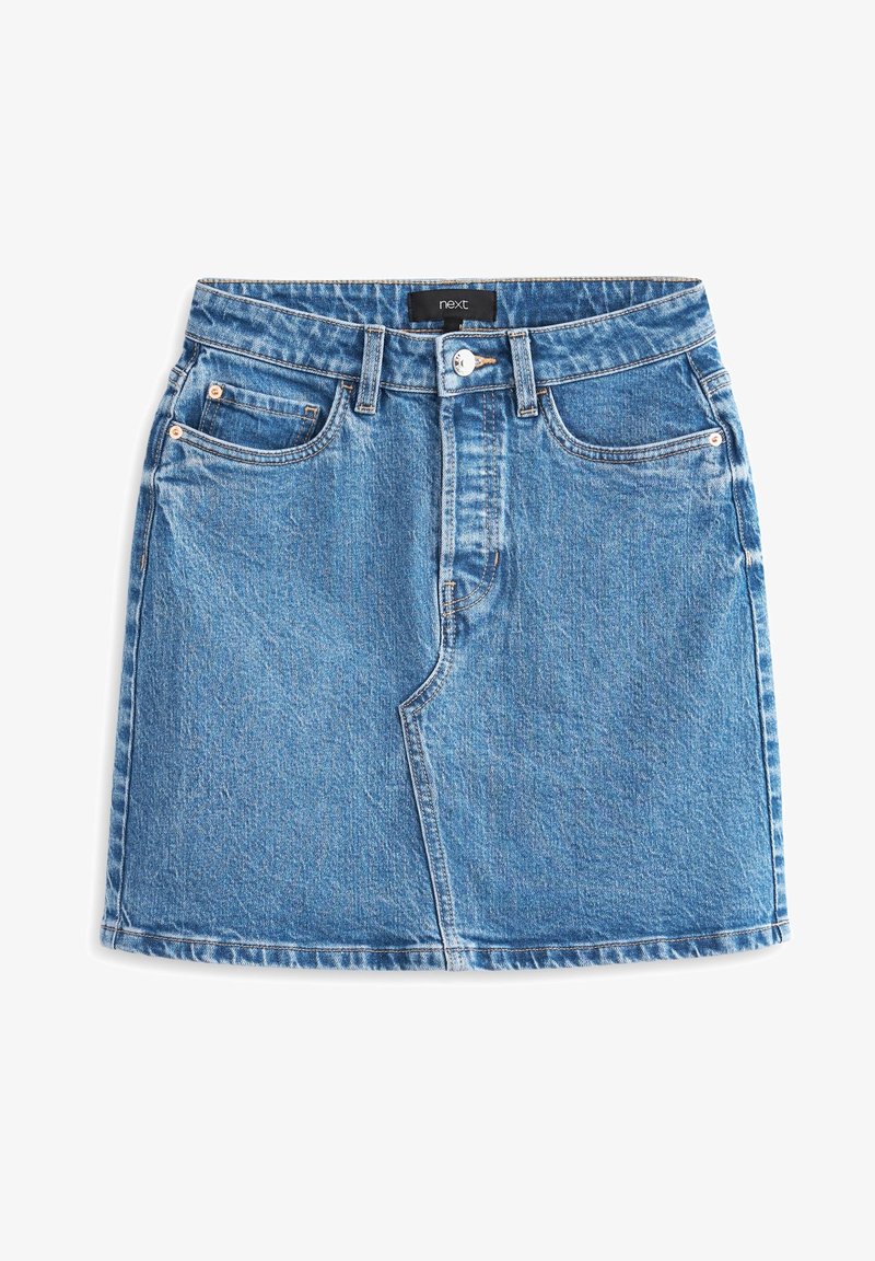 Blue denim skirt with front button, belt loops, front pockets, and a small coin pocket, laid flat on a white background.