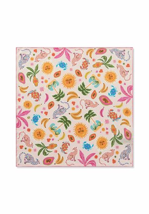 Vierkant stuk stof met kleurrijke tropische motieven, waaronder zonnen met gezichten, palmbomen, bananen, blauwe krabben, roze en blauwe luipaarden en papaja's op een witte achtergrond.