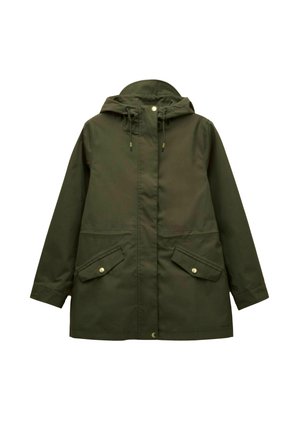 Green hooded jacket made of water-resistant material, featuring two front pockets with snap closures and a drawstring at the hood.