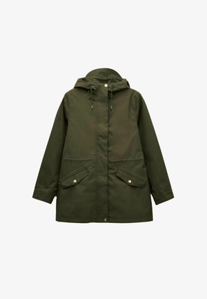Green hooded jacket made of water-resistant material, featuring two front pockets with snap closures and a drawstring at the hood.