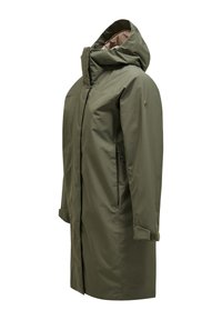 Waterdichte olijfgroene parka met een rits aan de voorkant, een verstelbare capuchon en opgerolde manchetten. Voorzien van zakken en een gladde buitenkant.