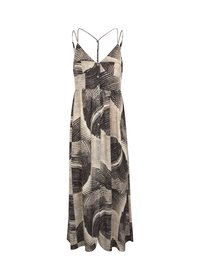 Robe maxi avec un motif abstrait en vagues noir et crème, mettant en avant un devant à boutons, des fines bretelles et un design ample et fluide.
