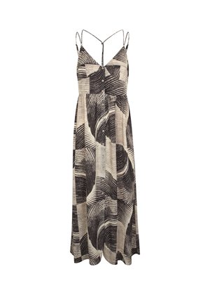 Maxi dress with a black and cream abstract wave pattern, featuring a button front, thin straps, and a loose, flowy design.