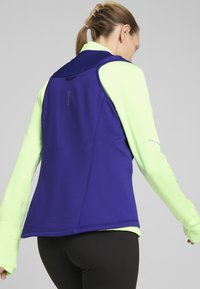 Lengvas, be rankovių liemenė ryškiai violetinės spalvos, su glotnia tekstūra. Yra aukšta apykaklė ir dėvima ant ryškiai žalios ilgomis rankovėmis marškinėlių.