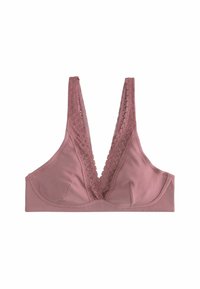Mauve rebrasta tkanina s rebrastim uzorkom i dubokim V-izrezom, ukrašena čipkom na naramenicama i prednjim rubovima, bežični dizajn.