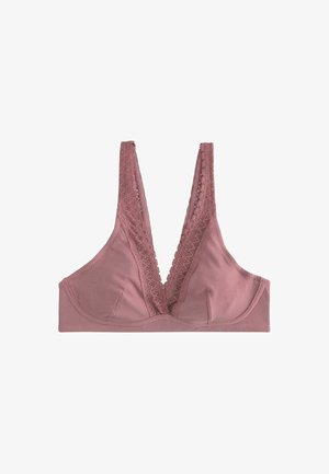 Fialový ribbed top s hlubokým V-výstřihem a krajkovým lemem na ramínkách a předních okrajích, bezdrátová konstrukce.