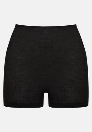 Shorts noirs taille haute en tissu texturé avec un motif côtelé. Dotés d'une taille sans couture et d'une longueur mi-cuisse.