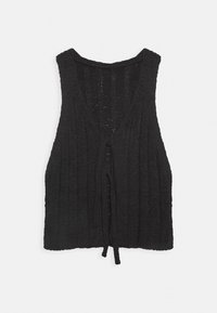 Black knitted sleeveless top with a V-neck, ribbed texture, and adjustable tie in front. The fabric appears soft and slightly sheer.