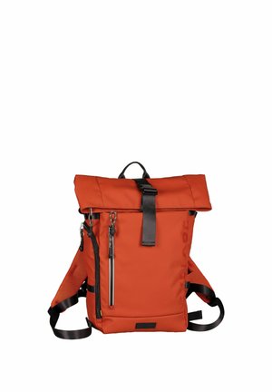 Orange roll-top backpack with black buckle, vertical front zipper pocket, and padded shoulder straps with mesh sides.