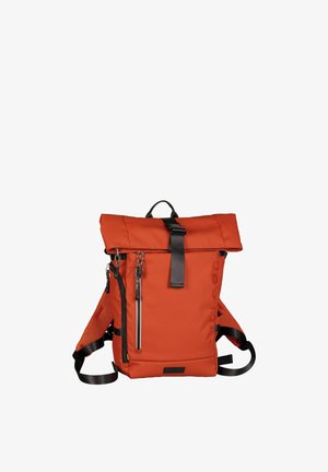Orange roll-top backpack with black buckle, vertical front zipper pocket, and padded shoulder straps with mesh sides.