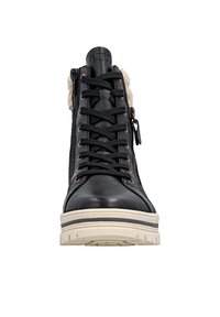 Black textured high-top sneaker with fur lining, featuring a lace-up front and side zipper, and a cream-colored rubber sole with black stripes.