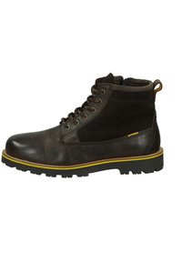 Brown leather boot with suede accents, round toe, yellow midsole, and rubber tread outsole. Features lacing and a pull tab at the heel.