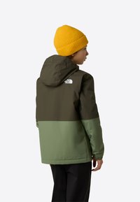 Jachetă matlasată verde și maro cu glugă, cu o secțiune inferioară verde contrastantă și un logo alb pe spate. Căciulă galbenă cu dungi.