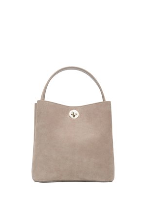 Torebka zamszowa koloru taupe z pojedynczym uchwytem i złocistym, okrągłym, obrotowym zamknięciem na środku przedniej strony.