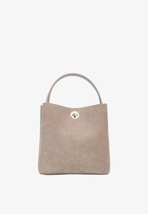 Torebka zamszowa koloru taupe z pojedynczym uchwytem i złocistym, okrągłym, obrotowym zamknięciem na środku przedniej strony.