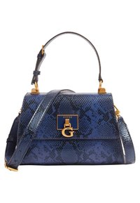 Blauwe nepleer slangenskins handtas met gouden hardware, voorzien van een bovenhandvat en een verstelbare schouderband, gemarkeerd met een gouden 'G' logo.