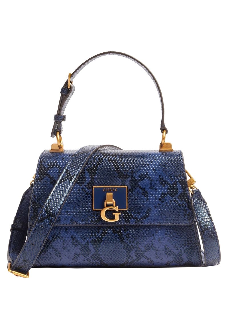 Blauwe nepleer slangenskins handtas met gouden hardware, voorzien van een bovenhandvat en een verstelbare schouderband, gemarkeerd met een gouden 'G' logo.