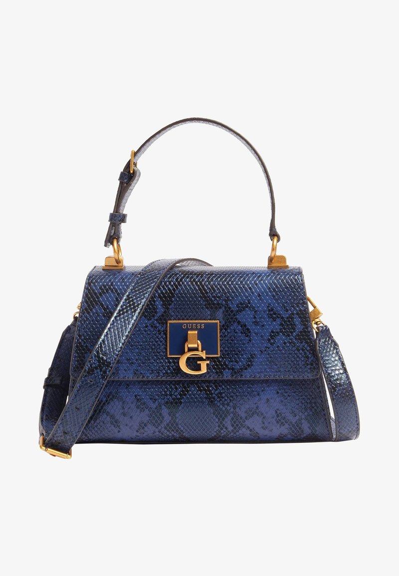 Blauwe nepleer slangenskins handtas met gouden hardware, voorzien van een bovenhandvat en een verstelbare schouderband, gemarkeerd met een gouden 'G' logo.