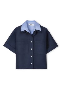 Navy short-sleeve shirt with a light blue collar, featuring two front pockets and silver button closures. Smooth fabric texture.