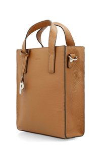Tan leather tote bag with a textured finish, rectangular shape, double handles, and a silver metal accent featuring a letter "P."