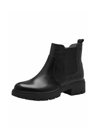 Black leather ankle boots with elastic side panels, round toe, textured finish, and a chunky rubber sole. Features a pull tab for easy wear.
