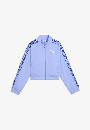 Lahka vijolična kratka jopica z zadrgo, s črtami z leopardjim potiskom na rokavih in belim logotipom Puma na levi strani prsnega koša.